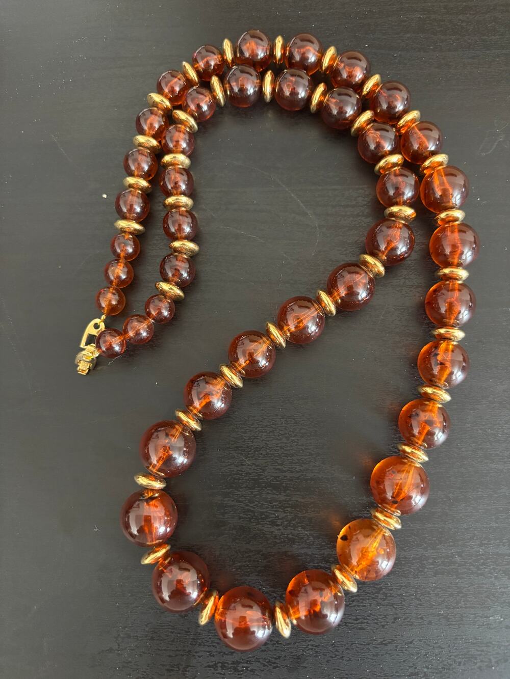 Vintage Napier Faux Amber Beaded Necklace Clear Brown Lucite Long